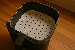 Perforated parchment paper placed safely inside air fryer basket before cooking, under warm light.