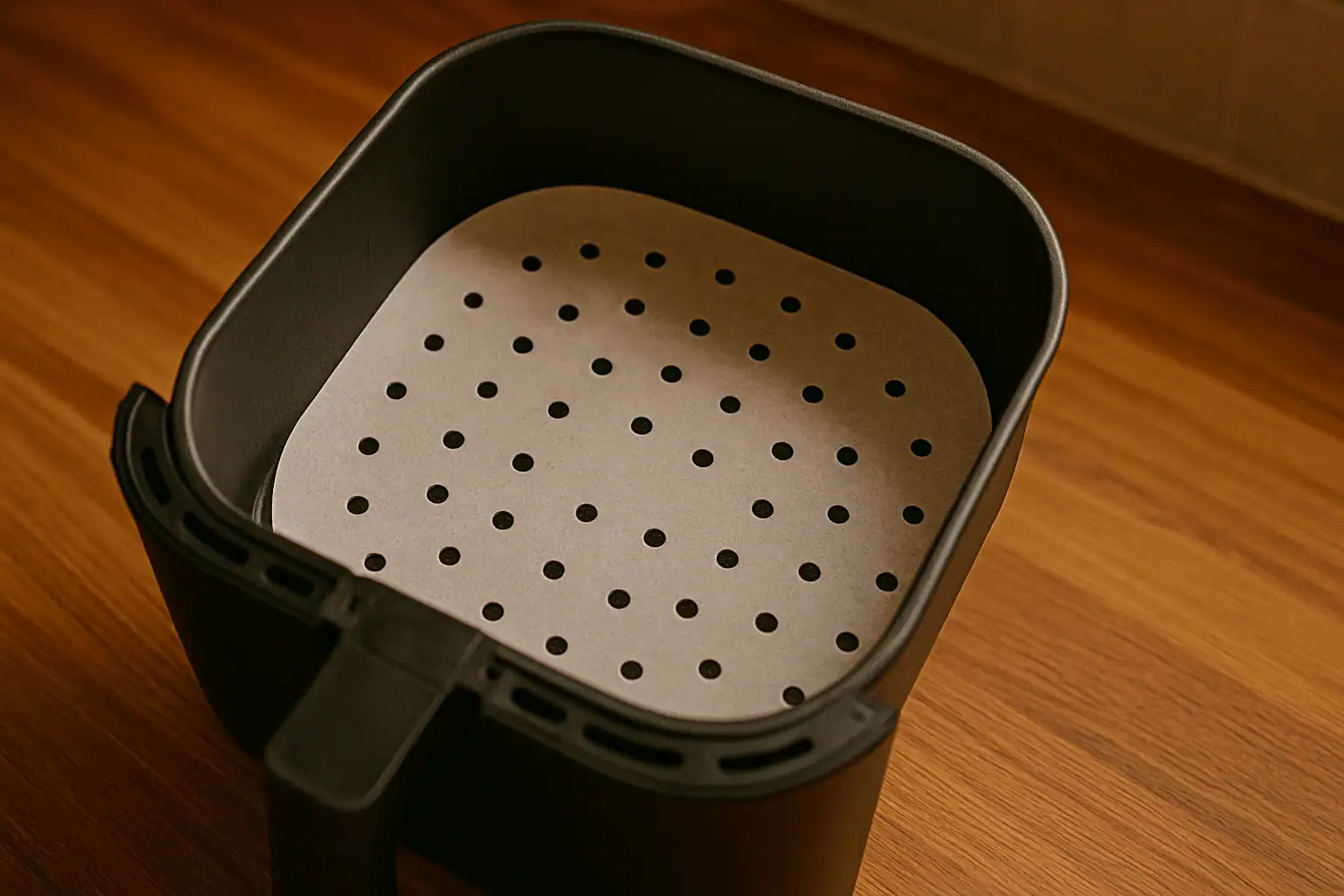 post-can-you-put-parchment-paper-in-air-fryer Perforated parchment paper placed safely inside air fryer basket before cooking, under warm light.