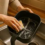 Cleaning air fryer basket with sponge and warm water in stainless sink, removing grease and residue