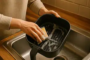 Cleaning air fryer basket with sponge and warm water in stainless sink, removing grease and residue