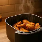 Reheating crispy leftovers in an air fryer basket without drying them out, visible steam and texture