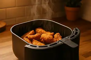 Reheating crispy leftovers in an air fryer basket without drying them out, visible steam and texture