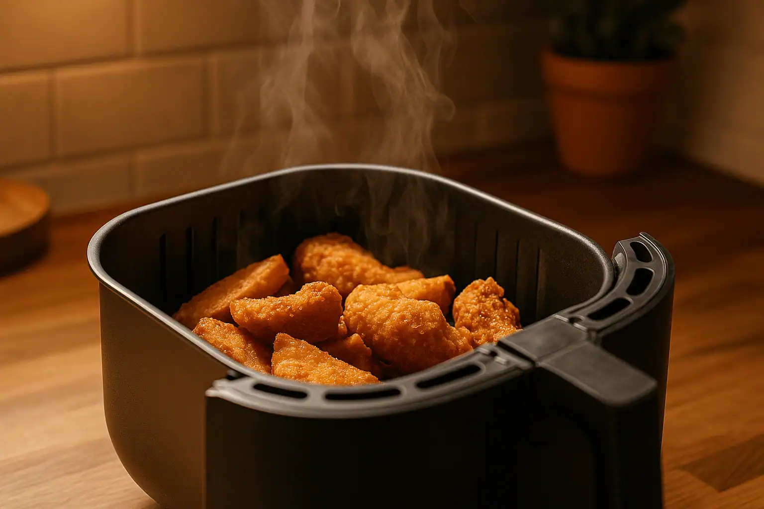 post-how-to-reheat-leftovers-in-air-fryer Reheating crispy leftovers in an air fryer basket without drying them out, visible steam and texture